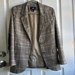 H&M Plaid Tweed Jacket/Blazer in Black, Brown, and Cream With Elbow Pads- 8